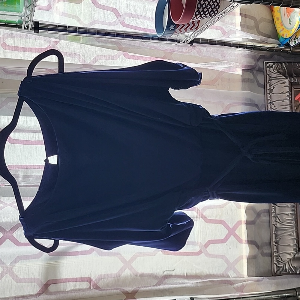 Navy blue belted peekaboo shoulder dress